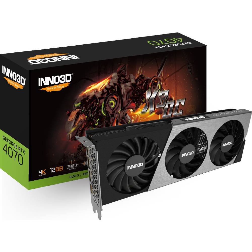 Внешний вид Видеокарта INNO3D GeForce RTX4070 X3 OC 12GB GDDR6X 192bit (N40703-126XX-185252L)