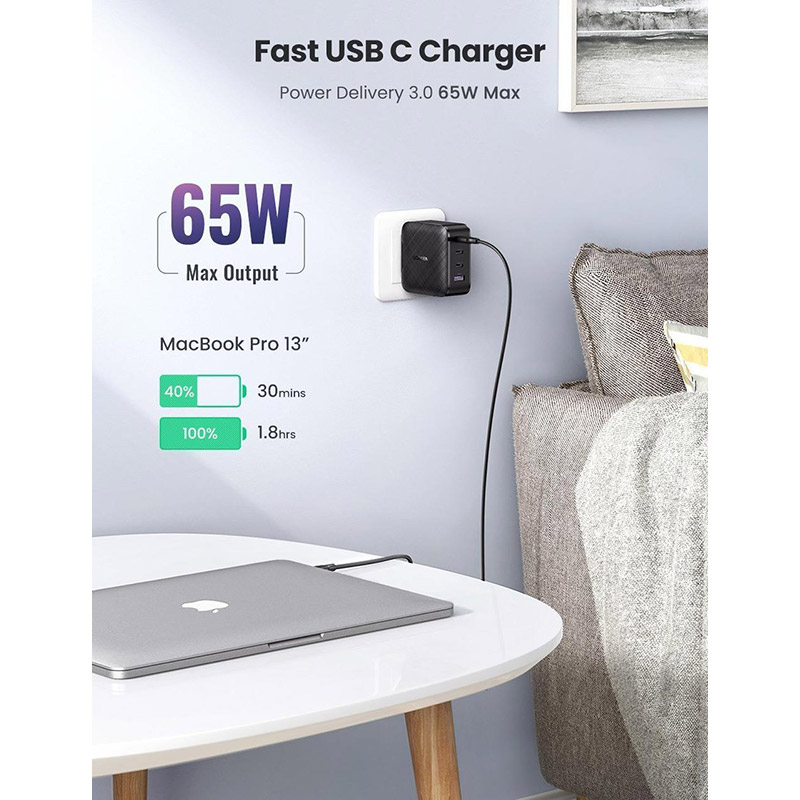 Внешний вид Сетевое зарядное устройство UGREEN CD224 65W PD GaN Charger Black (UGR-707740