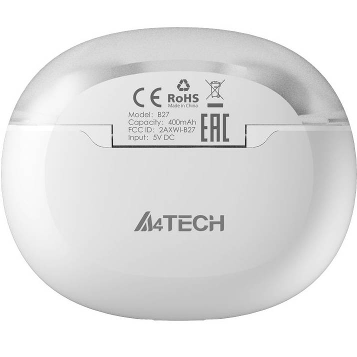 Гарнітура A4TECH B27 (Grayish White) Додатково водонепроникність IPX4, Bluetooth v5.2, тип батареї навушників: літієва батарея (40 мАч), тип батареї зарядного кейсу: літієва батарея (400 мАч), потужність зарядки: 5 В = 500 мА