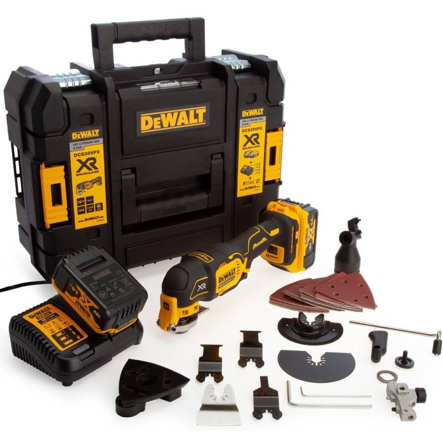 Многофункциональный инструмент DEWALT DCS356P2 18В Дополнительно диаметр посадочного отверстия, мм  9.5;  Емкость аккумулятора, Ач  5; Тип аккумулятора  Li-Ion; Тип двигателя  Бесщёточный;