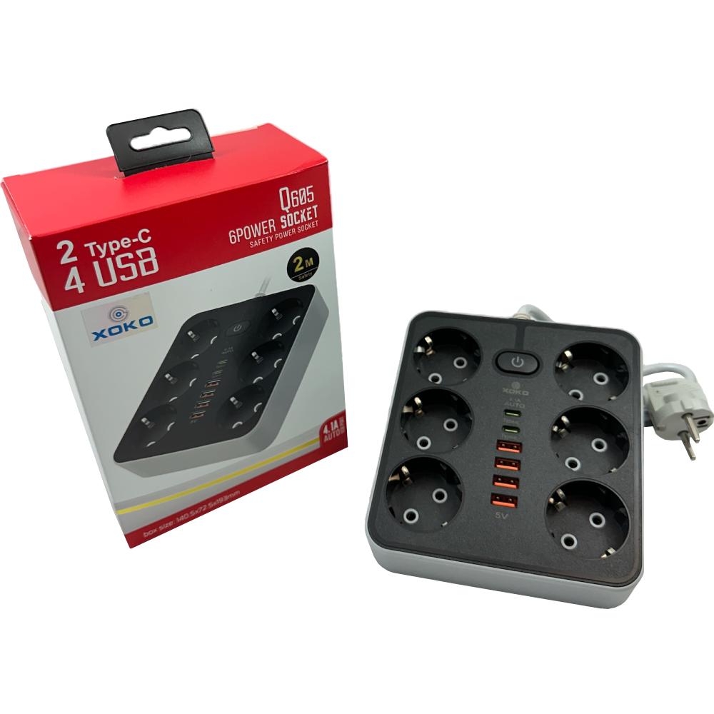 Мережевий фільтр XOKO SP-6-4-2 6 розеток + 6xUSB 2м 10А Black (XK-SP-6-4-2-BK) Тип мережевий фільтр
