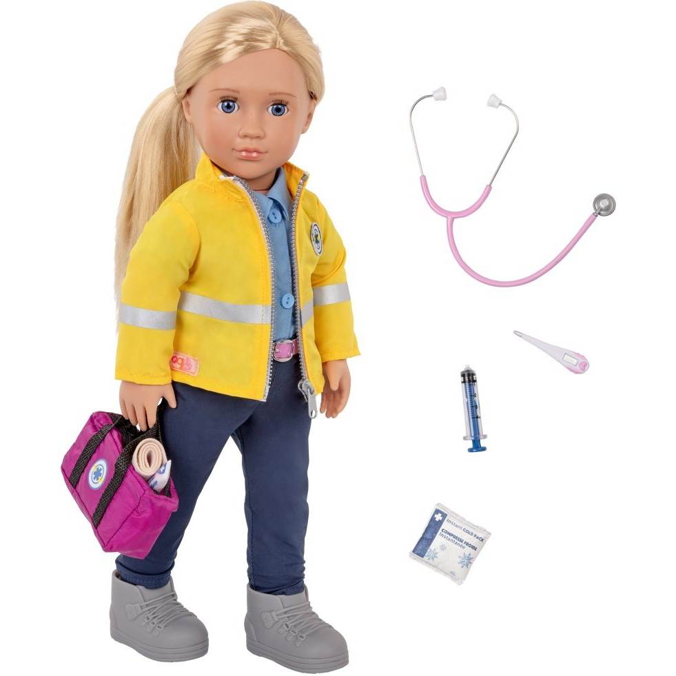 Кукла OUR GENERATION PROFESSIONAL Кейлин 46 см (BD31280Z) Комплектация  кукла, /футболка, куртка, пара сапог, стетоскоп, сумка, пара брюк, бинт, пакет со льдом, термометр, шприц, мазь