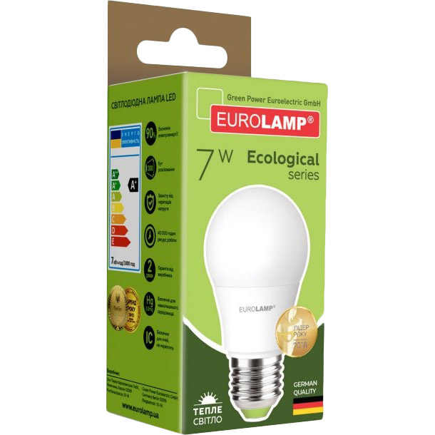 Светодиодная лампа EUROLAM LED А50 7W E27 3000K (LED-A50-07273(P)) Тип светодиодная (LED)