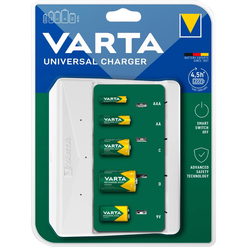 Зарядное устройство VARTA Universal Charger (57658101401) Дополнительно Тип заряжаемых аккумуляторов: 9V крона, AA, AAA, C, D