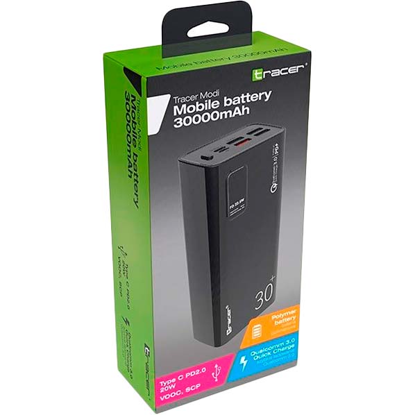 Powerbank TRACER 30000 mAh Modi QC 3.0 22.5W + PD 20W Black (TRABAT47062) Ємність 30000
