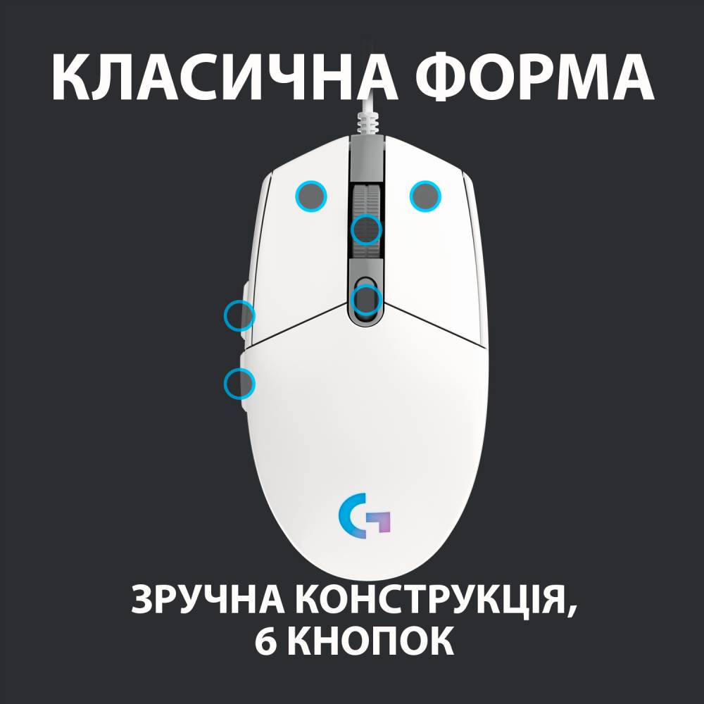 Миша LOGITECH G102 LIGHTSYNC WHITE EER (L910-005824) Тип сенсора оптичний