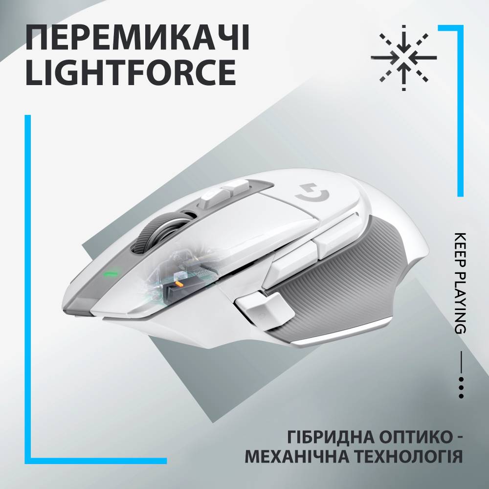 Миша LOGITECH G502 X LIGHTSPEED White (910-006189) Комплектація Бездротова ігрова миша G502 X LIGHTSPEED, Кришка кнопки зміни чутливості, Кабель для заряджання USB-C, Приймач USB-A LIGHTSPEED, USB-подовжувач, Документація користувача