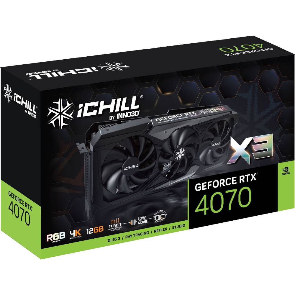 Відеокарта INNO3D GeForce RTX 4070 iChill X3 12Gb 192bit 2535/21000 МГц (C40703-126XX-186148H) Об'єм вбудованої пам'яті, Гб 12