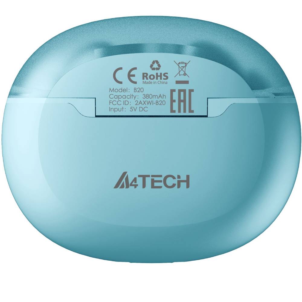 Гарнитура A4TECH B25 (Icy Blue) Дополнительно водонепроницаемость IPX4, Bluetooth v5.2, тип батареи наушников: литиевая батарея (40 мАч), тип батареи зарядного кейса: литиевая батарея (380 мАч), мощность зарядки: 5 В = 500 мА