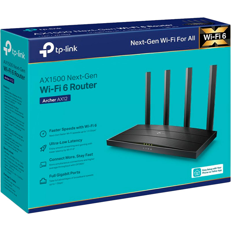 Wi-Fi роутер TP-LINK Archer AX12 AX1500 Wi-Fi 6 Wireless Gigabit Router (4895252500875) Клас роутера домашній