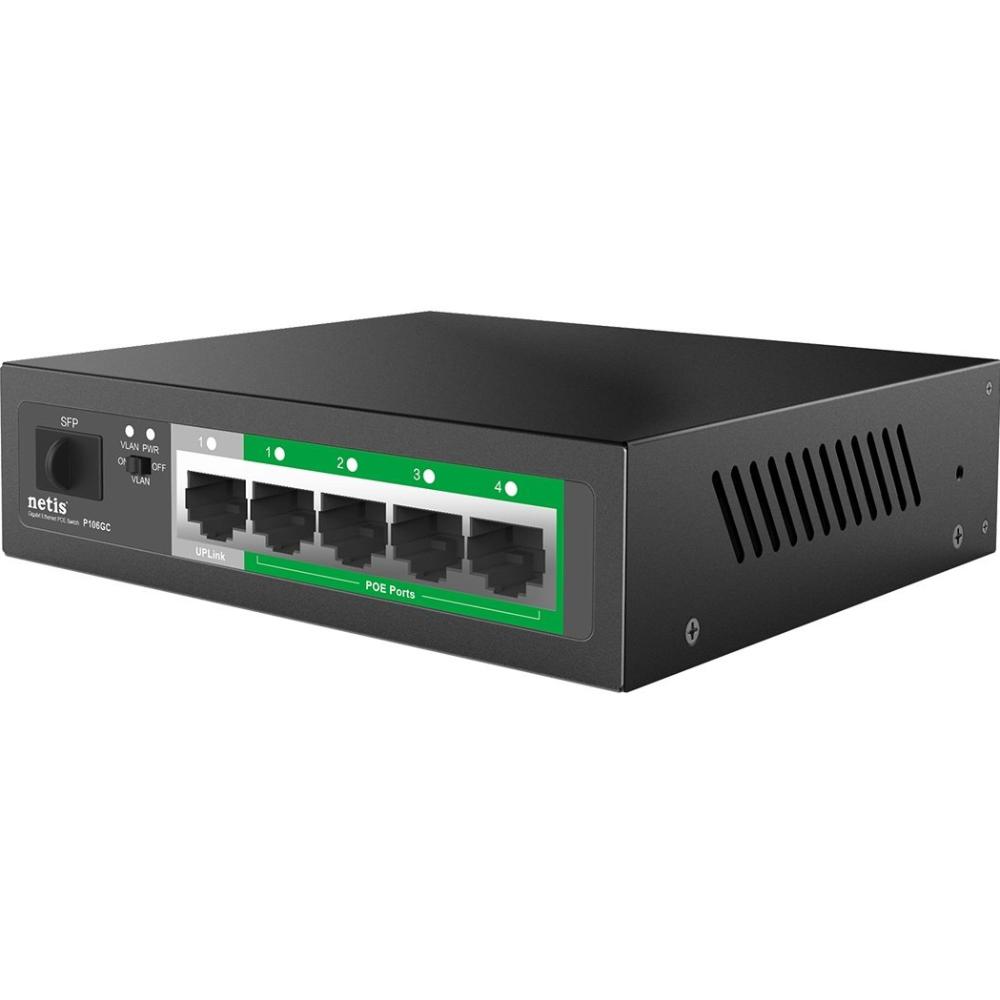 Комутатор NETIS P106GC Порти комутатора 4 х 10/100/1000Mbps POE (Data/Power), 1 х 10/100/1000M uplink RJ45 (Data), 1 х 10/100/1000M SFP