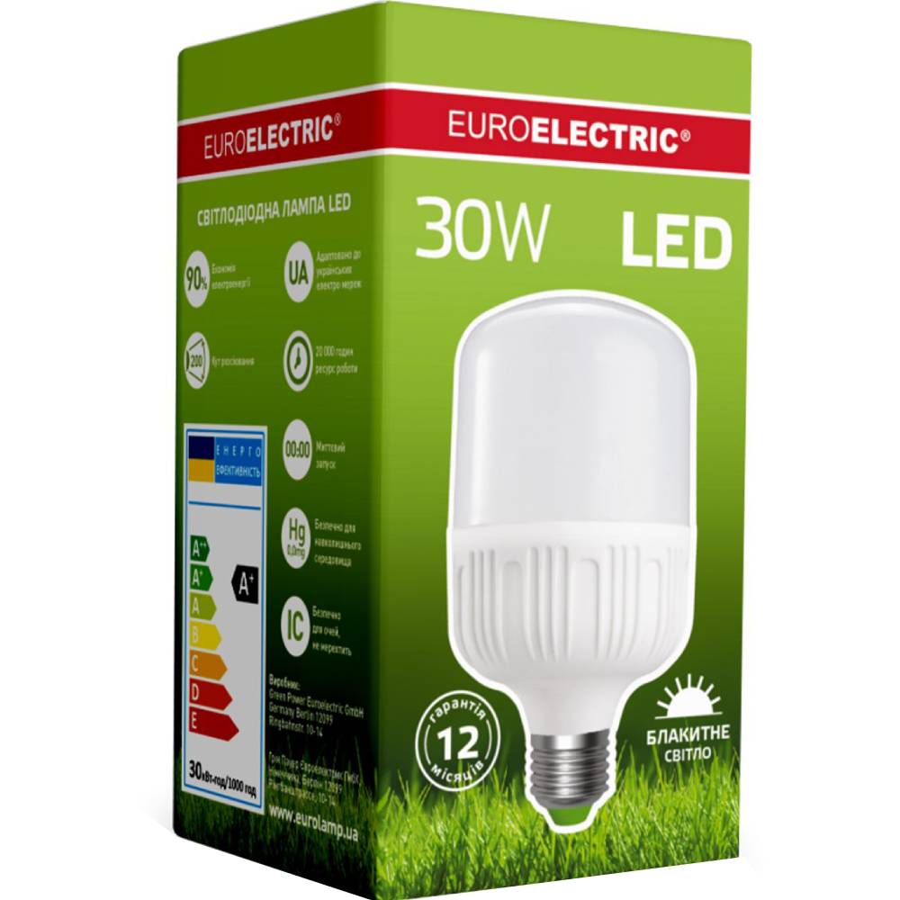 Лампочка EUROELECTRIC LED Plastic 30W E27 6500K (LED-HP-30276(P)) Тип цоколя (патрона) E27