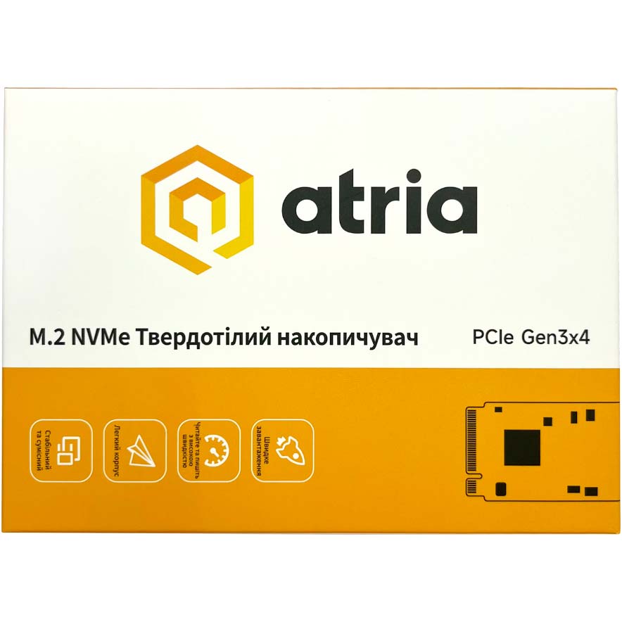 SSD накопичувач ATRIA X500S 512GB M.2 2280 NVMe PCIe 3.0 x4 3D NAND (TLC) (ATNVMX500S/512) Тип твердотільний накопичувач (SSD)