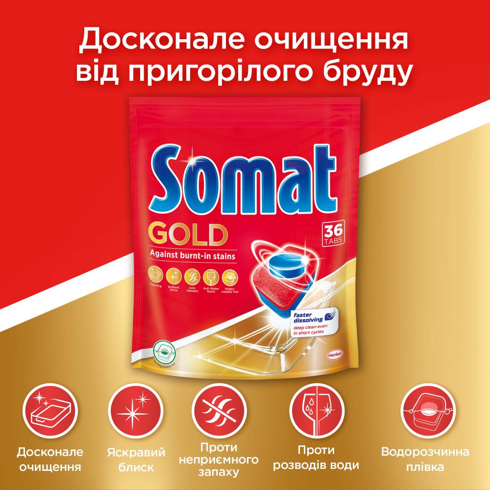 Таблетки для миття посуду Somat Gold 72 + 72 шт (9000101425857) Тип засоби для миття посуду