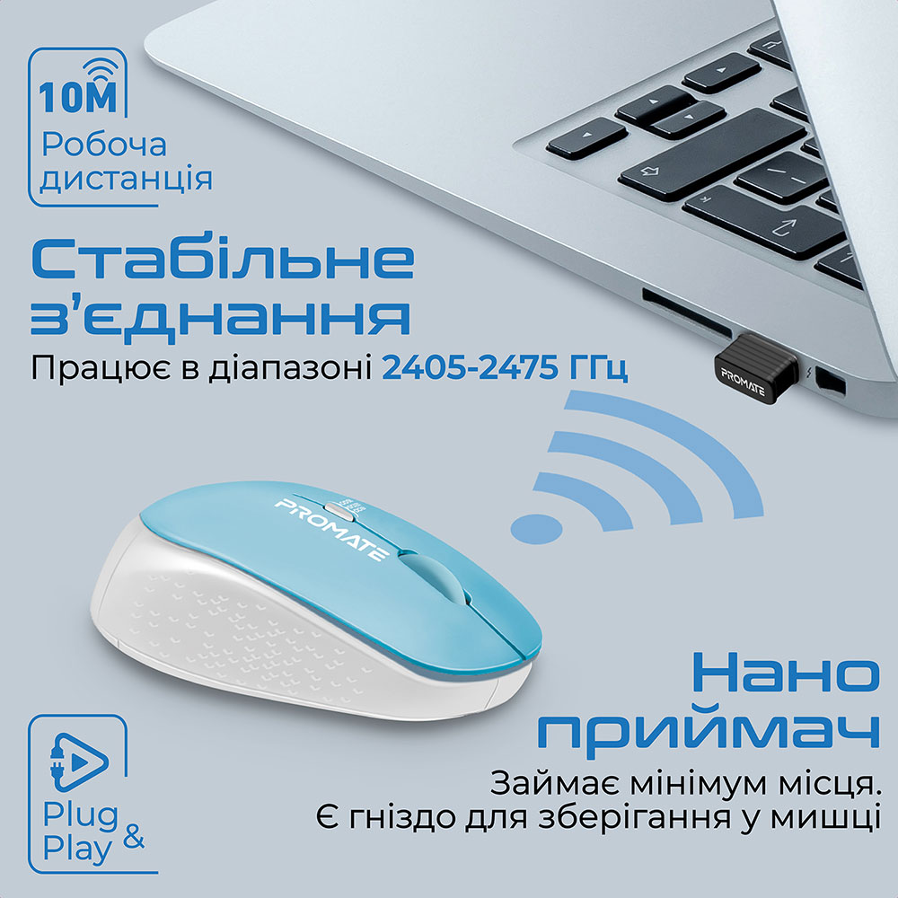 Миша Promate Tracker Wireless Blue (tracker.blue) Тип сенсора оптичний