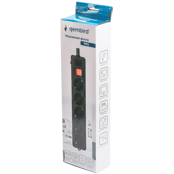 Мережевий фільтр GEMBIRD 5 розеток 4.5м 16А 3x1.0мм2 Black (SPG5-G-15B-PRO) Тип вилки євровилка із заземленням (Тип F)