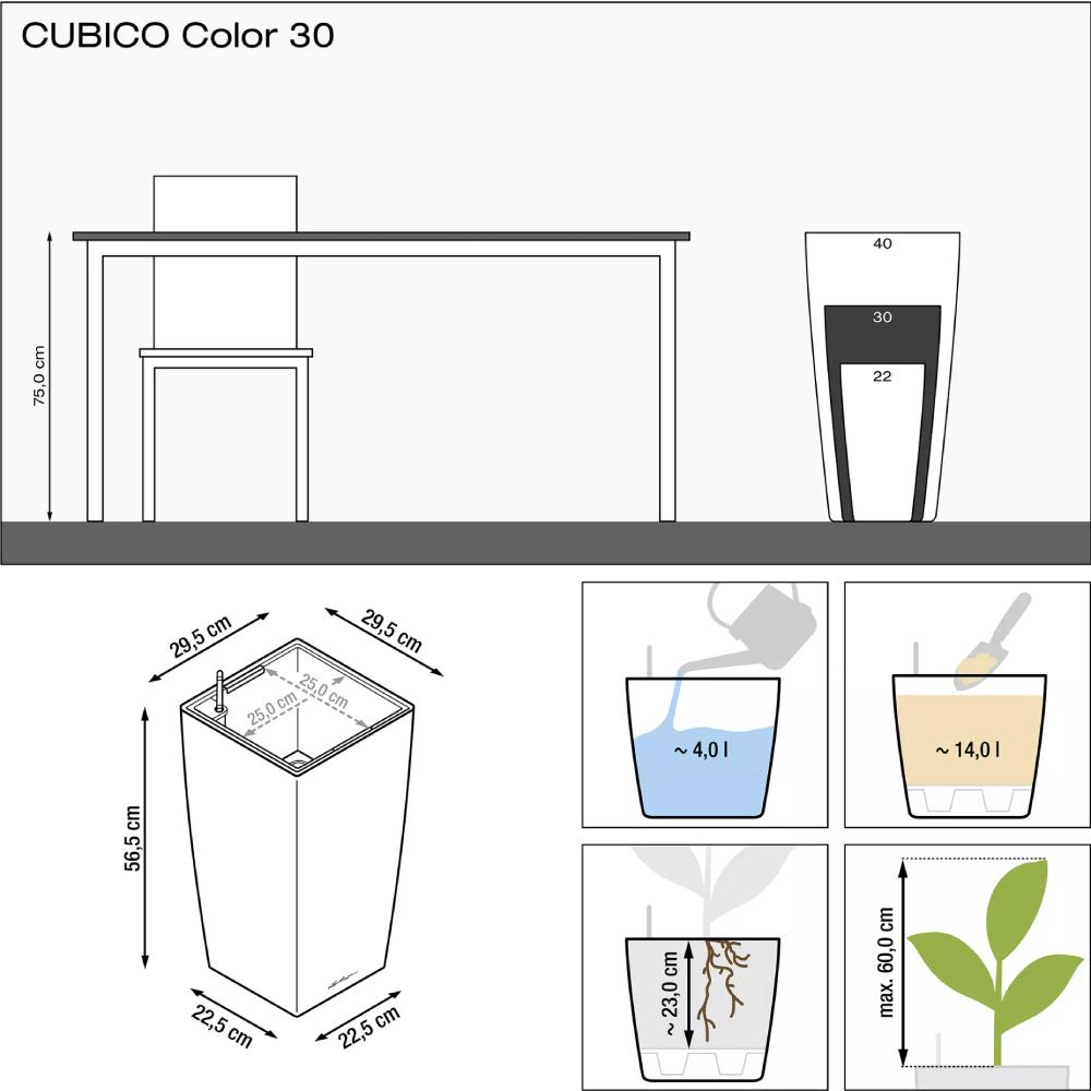 Кашпо LECHUZA Cubico Color 30 Сірий (13138) Розміри 29,5 х 29,5 х 56,5