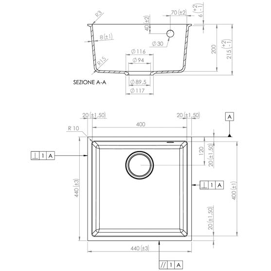 Мойка ELLECI Q 102 under top nero 40 (8031873065201) Форма квадратная