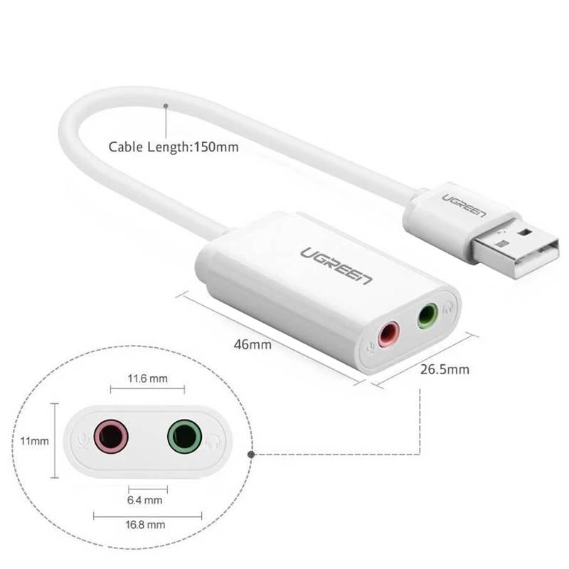 Звуковая карта UGREEN USB AUX jack, TRRS (Mic + Ear), 15cm White US205 Максимальная частота ЦАП (стерео), кГц 192