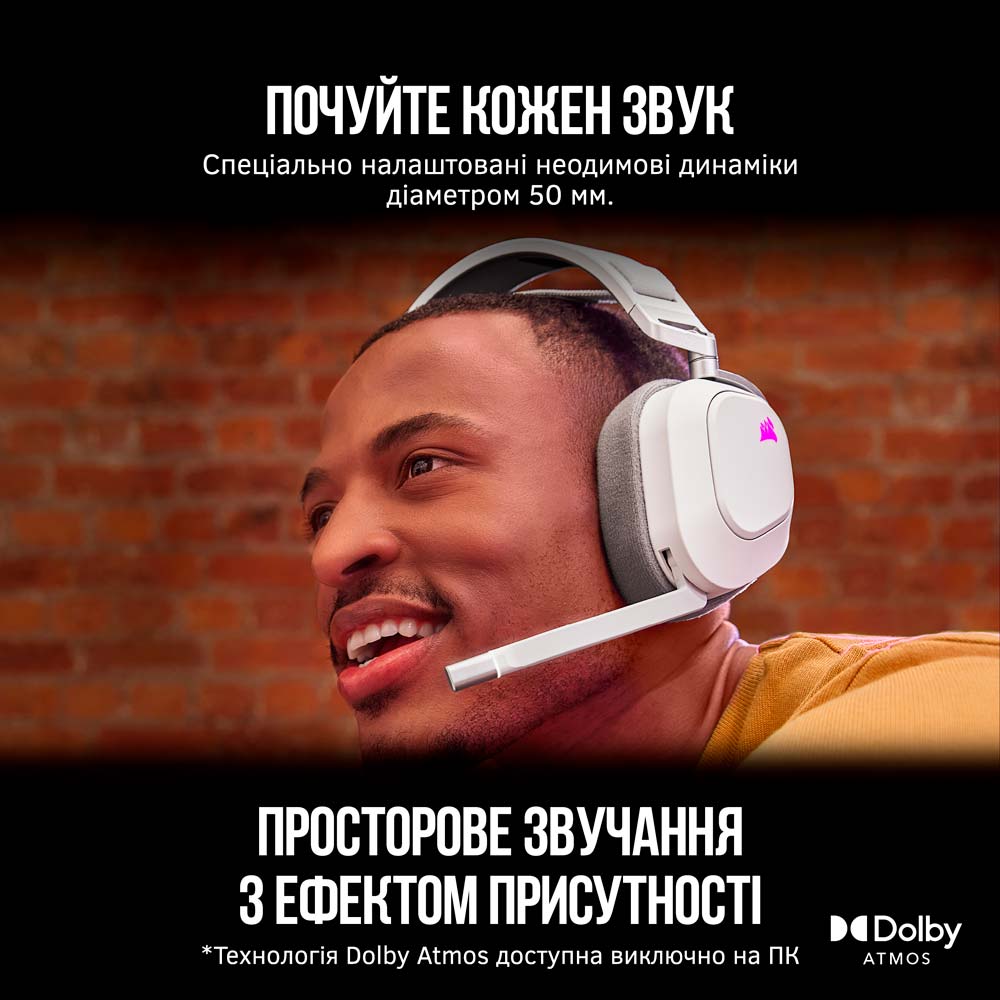 Гарнітура CORSAIR HS80 RGB Wireless White (CA-9011236-EU) Кріплення дуга (над головою)