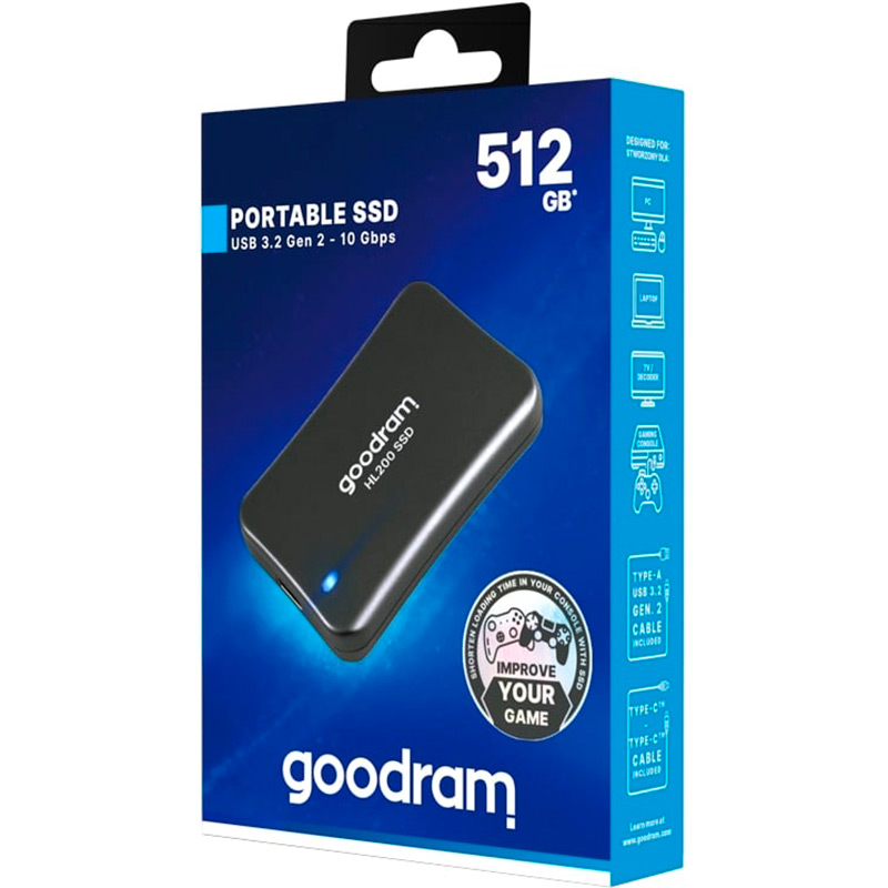 Внешний SSD накопитель GOODRAM 512GB 2.5" USBHL200 (SSDPR-HL200-512) Интерфейс USB Type-C