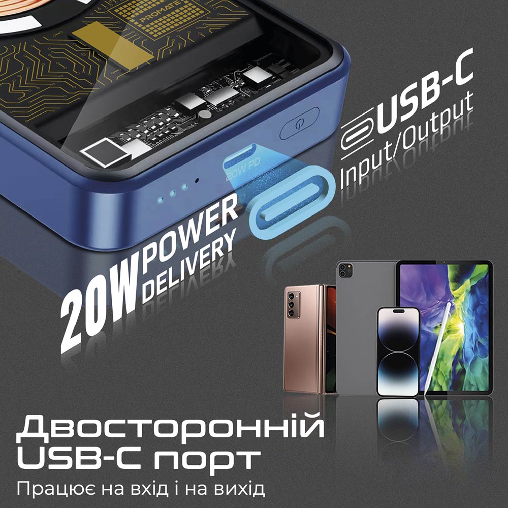 Зовнішній вигляд Powerbank Promate LucidPack-10 10000 mAh 20W PD USB-C 15W MagSafe Blue (lucidpack-10.blue)