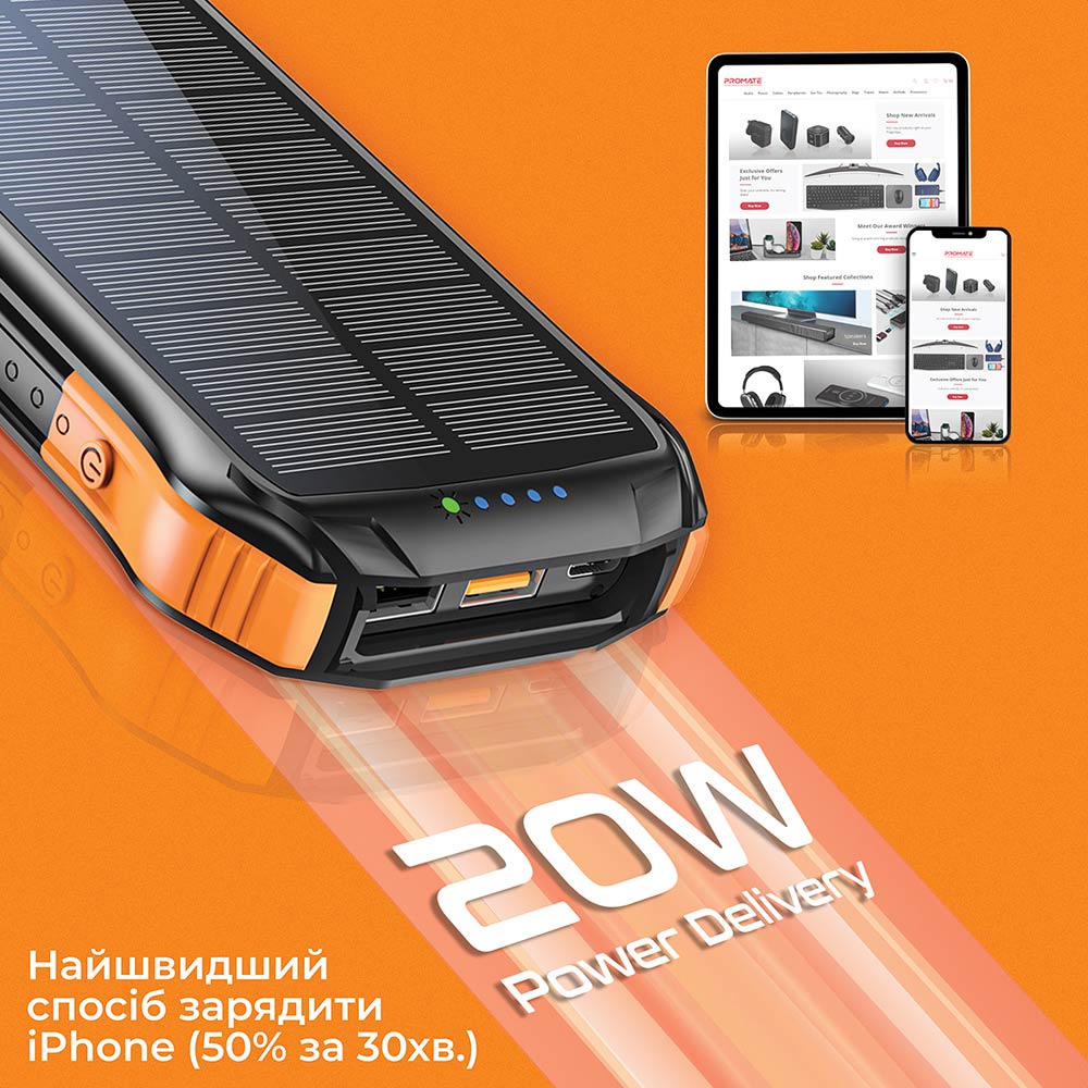 Зовнішній вигляд Powerbank Promate SolarTank-10PDQi Power Delivery Qi Black (solartank-10pdqi.black)