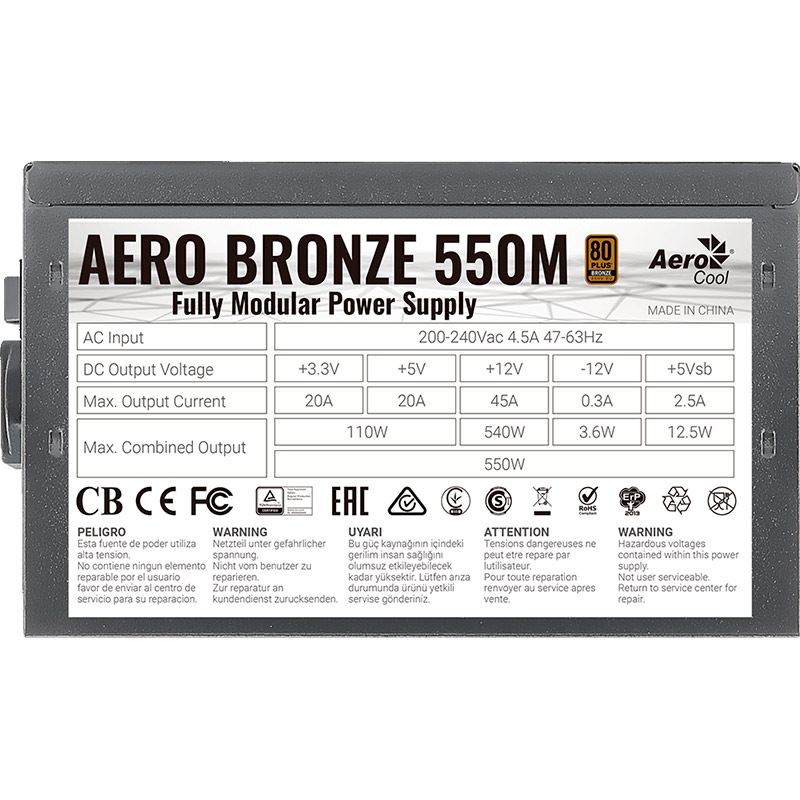 Зовнішній вигляд Блок живлення AEROCOOL Aero Bronze 550M Fully Modular 550W (ACPB-AR55AEC.1M)