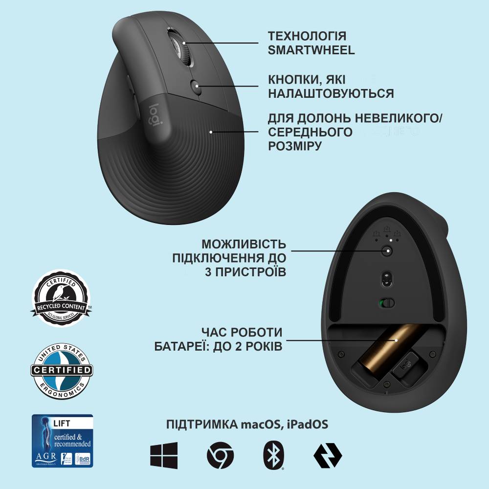 Покупка Мышь Logitech Lift Vertical Ergonomic Bluetooth Graphite (910-006473)