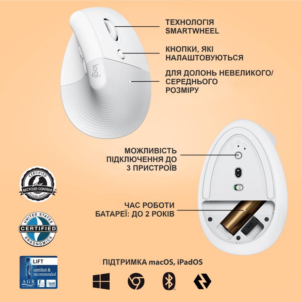 Покупка Мышь Logitech Lift Vertical Ergonomic Wireless/Bluetooth White (910-006475)