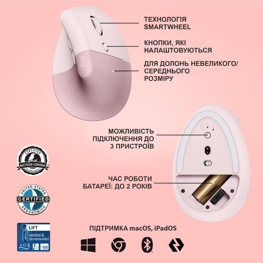 Покупка Миша Logitech Lift Vertical Ergonomic Bluetooth Rose (910-006478)