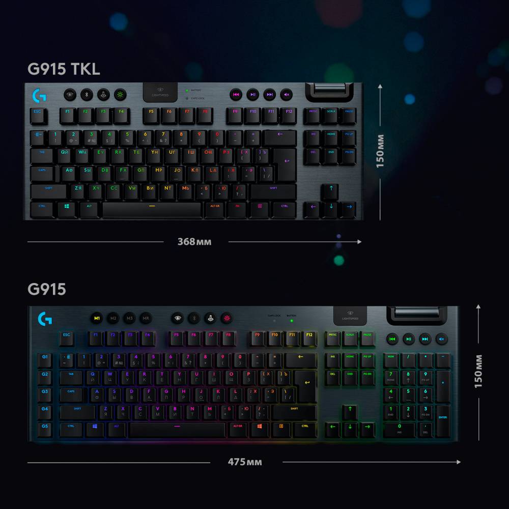 Фото Клавиатура LOGITECH G915 TKL Tenkeyless LIGHTSPEED Wireless RGB Gaming Clicky US Carbon (920-009503)