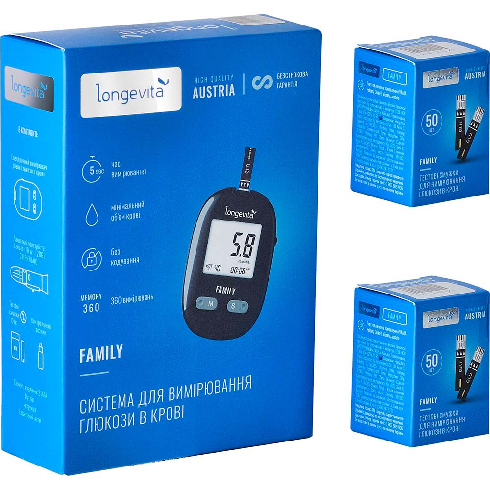 Глюкометр LONGEVITA Family + смужки тестові 100 шт 2 x 50 шт (BG709) Об'єм краплі крові 0.6