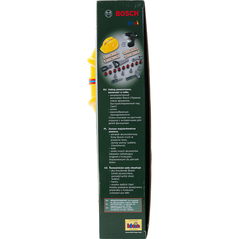 Игровой набор BOSCH Mini Сделай сам 36 пр (8417) Комплектация  аккумуляторный шуруповерт с аккумуляторным питанием; шлем (регулируемый размер); молоток; пила; плоскогубцы; отвертка; разводной гаечный ключ; планки; гвозди; шурупы; гайки