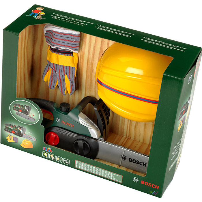 Игровой набор BOSCH Mini Набор мастера (8456) Комплектация  бензопила Bosch с реалистичным звуком пиления и фонариком;  рабочие детские перчатки Bosch стандартного размера;  шлем детский Bosch с регулируемым размером