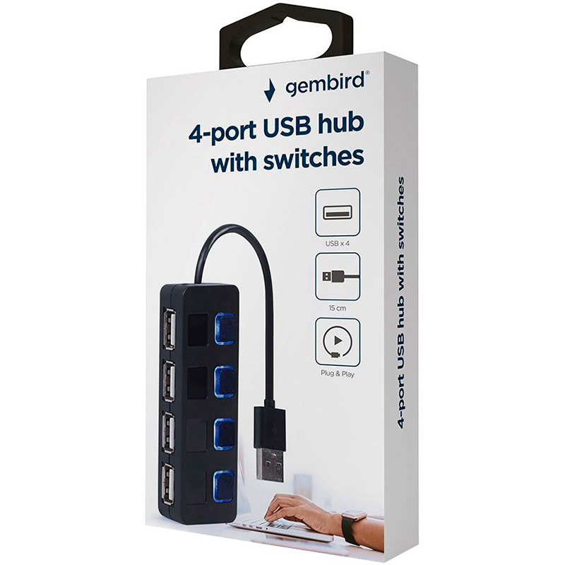 USB-хаб GEMBIRD 4 порта Black (UHB-U2P4-05) Количество разъемов USB Type-A 4