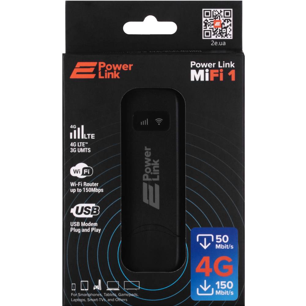 Мобильный маршрутизатор 2E PowerLink (MiFi 1) USB/LTE/1x2FF SIM/WiFi 2.4GHz Black (688130245326) Стандарт Wi-Fi 802.11 n