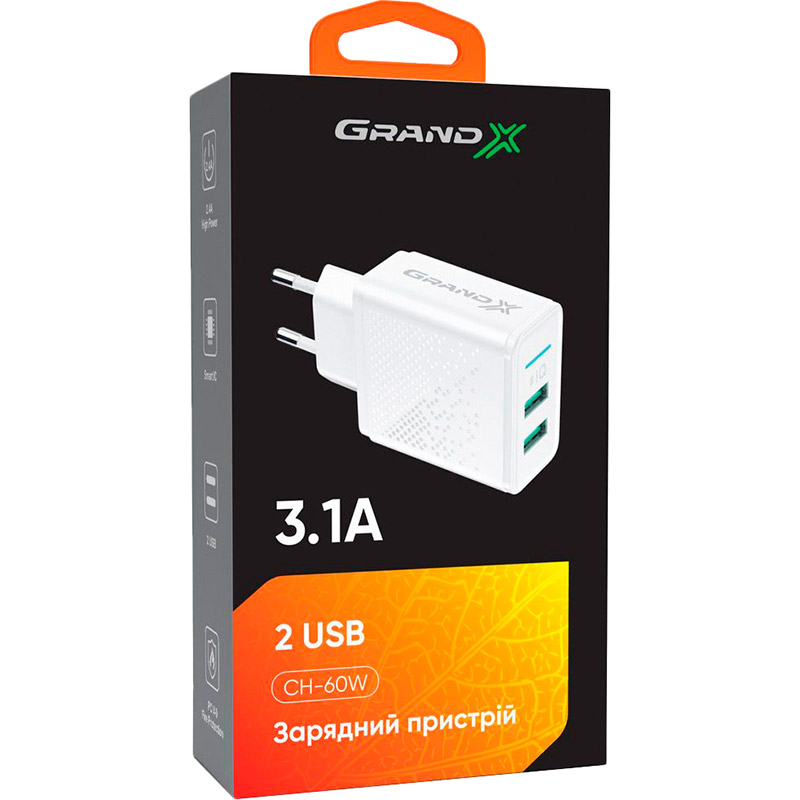 Сетевое зарядное устройство GRAND-X CH-60W White Выходной разъем USB 