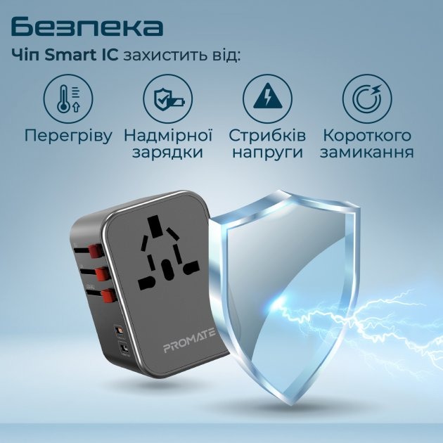 Зарядний пристрій PROMATE TripMate-36W EU/US/UK/AU (tripmate-36w.black) Вихідний роз'єм USB Type-C