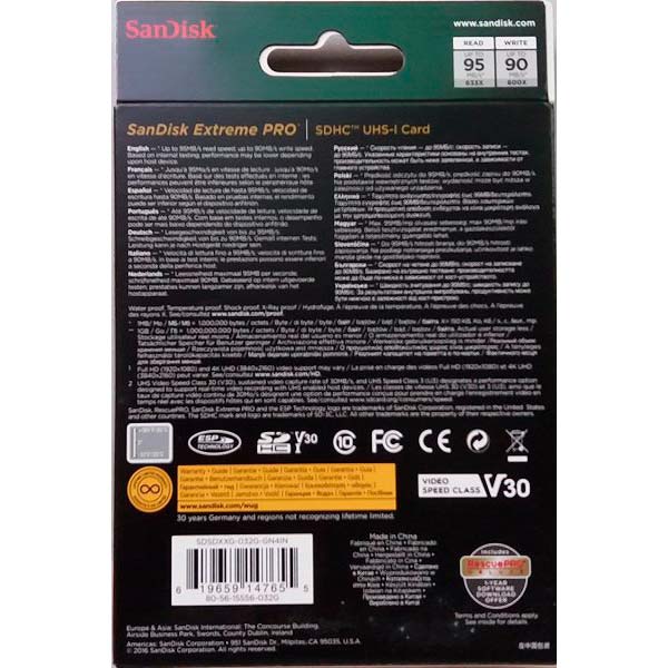 Карта пам'яті SanDisk Extreme PRO SDHC 32GB UHS-I (SDSDXXO-032G-GN4IN) Швидкість читання 100