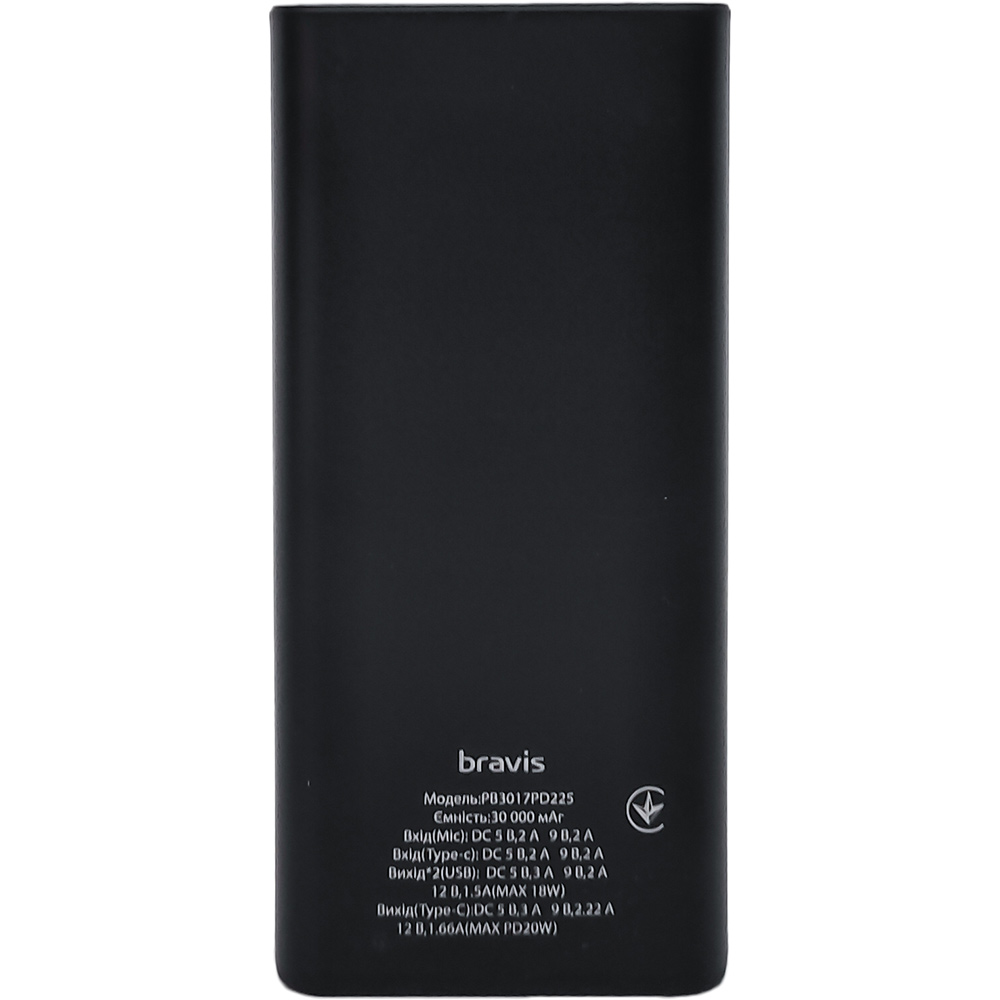 Powerbank BRAVIS 30000mAh PD20W USB-C/Micro/2USB Black (PB3017PD225) Комплектация  кабель micro-USB, инструкция, гарантийный талон