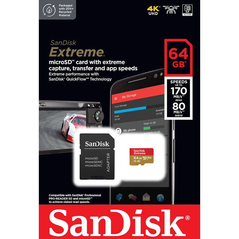 Карта пам'яті SANDISK microSDXC 64GB Extreme V30 UHS-I U3 (SDSQXAH-064G-GN6MA) Об'єм пам'яті 64 Гб