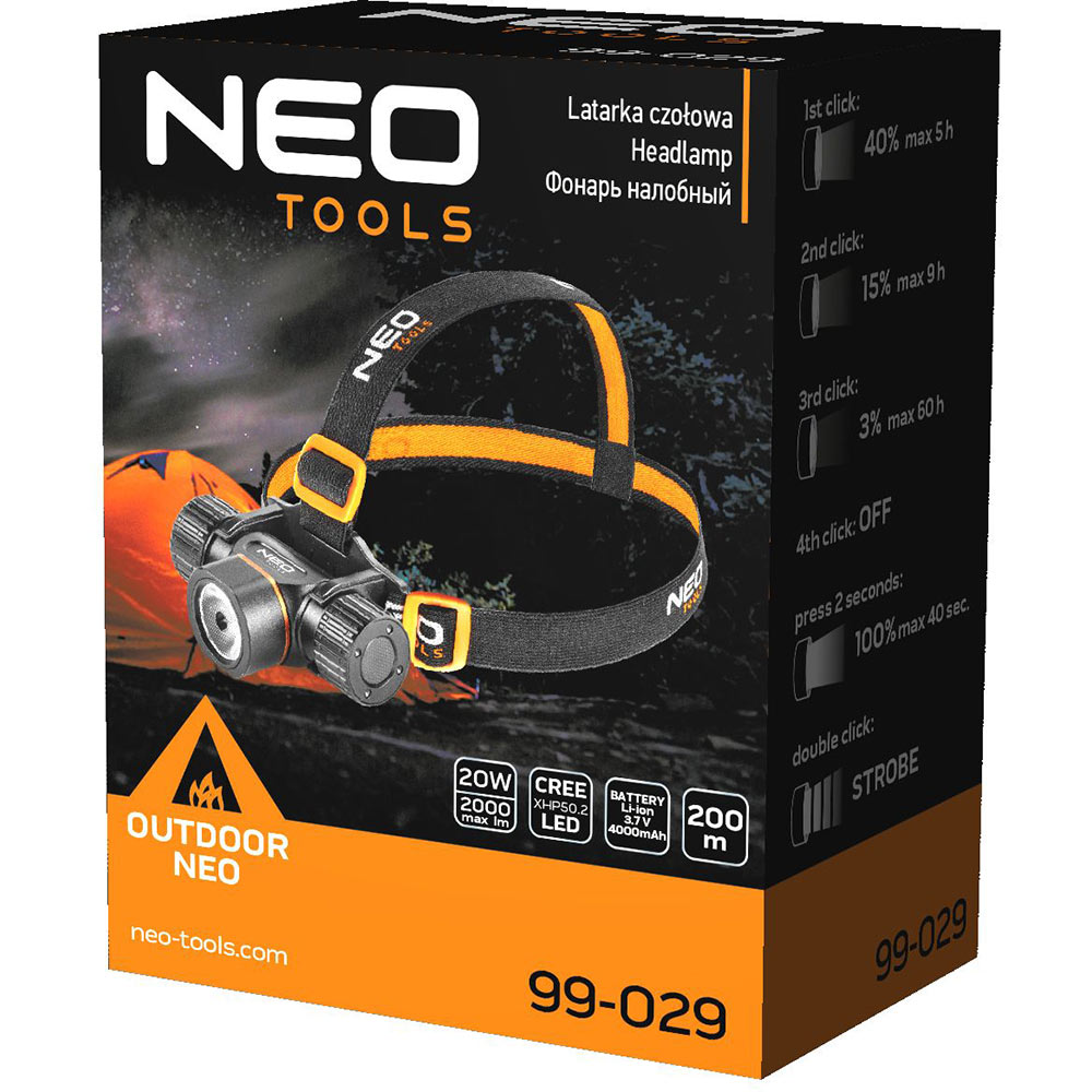 Фото Фонарь налобный NEO TOOLS 2000 люмен 20Вт (99-029)