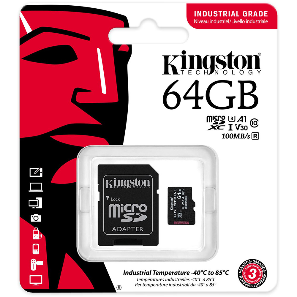 Карта памяти KINGSTON Miсro-SDXC 64GB V30 A1 Industrial class 10 UHS-I (SDCIT2/64GB) Объём памяти 64 Гб