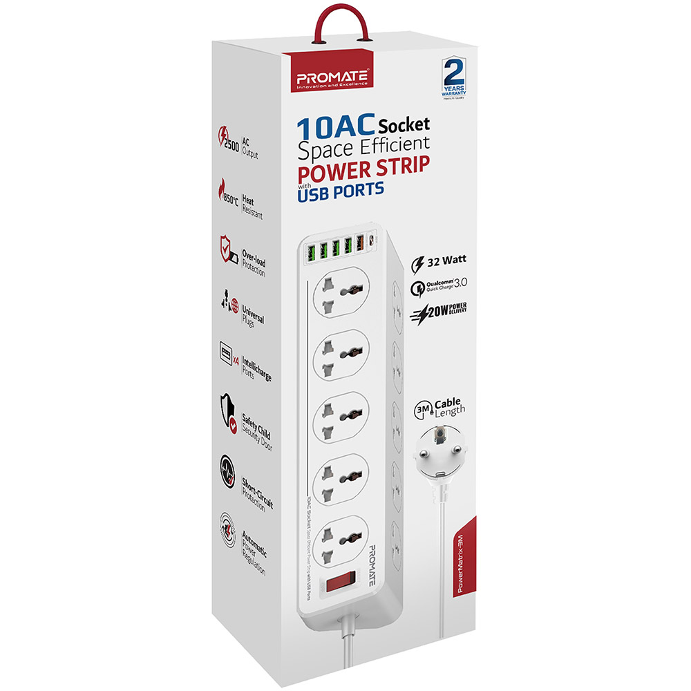 Фото Сетевой фильтр PROMATE PowerMatrix-5M 10 розеток + 6xUSB 5м 10А 3x1.0мм2 White (powermatrix-5m.eu)