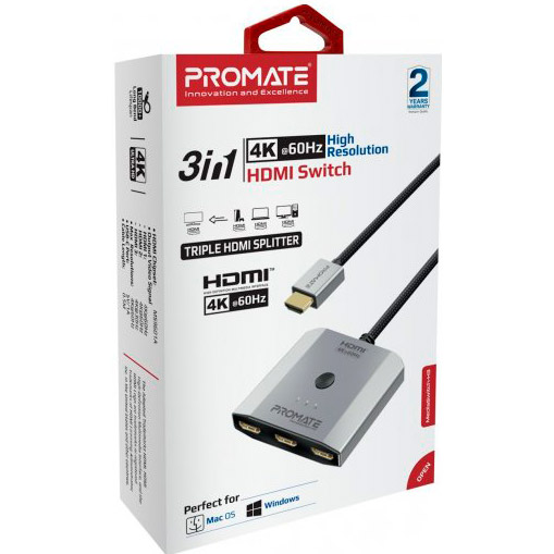 Внешний вид Кабель PROMATE MediaSwitch-H3 4K HDMI - 3хHDMI (mediaswitch-h3.silver)