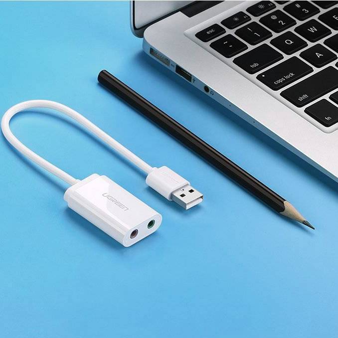 Внешний вид Звуковая карта UGREEN USB AUX jack, TRRS (Mic + Ear), 15cm White US205
