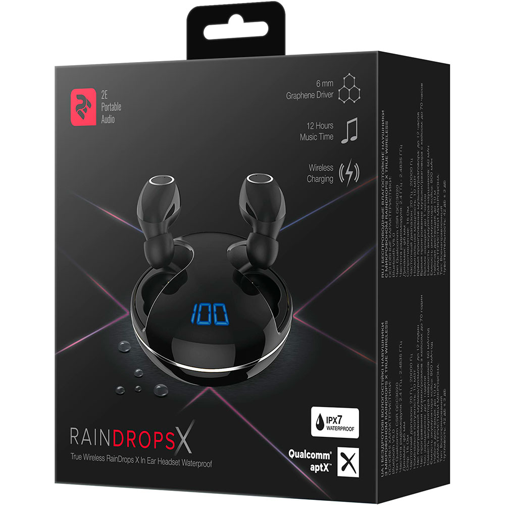 Фото Гарнитура 2E RainDrops Х True Wireless Waterproof Mic Black (2E-EBTWRDXBK)