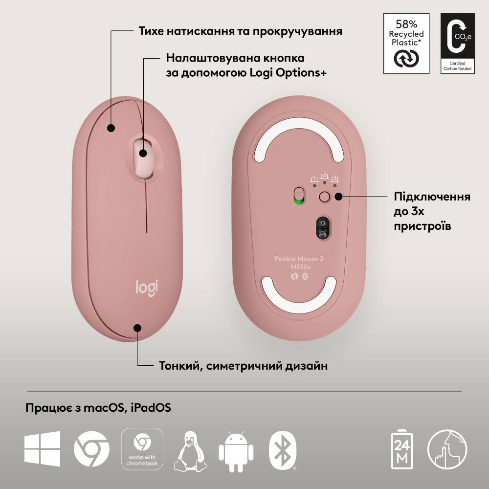 Внешний вид Мышь LOGITECH Pebble Mouse 2 M350s Pink (L910-007014)