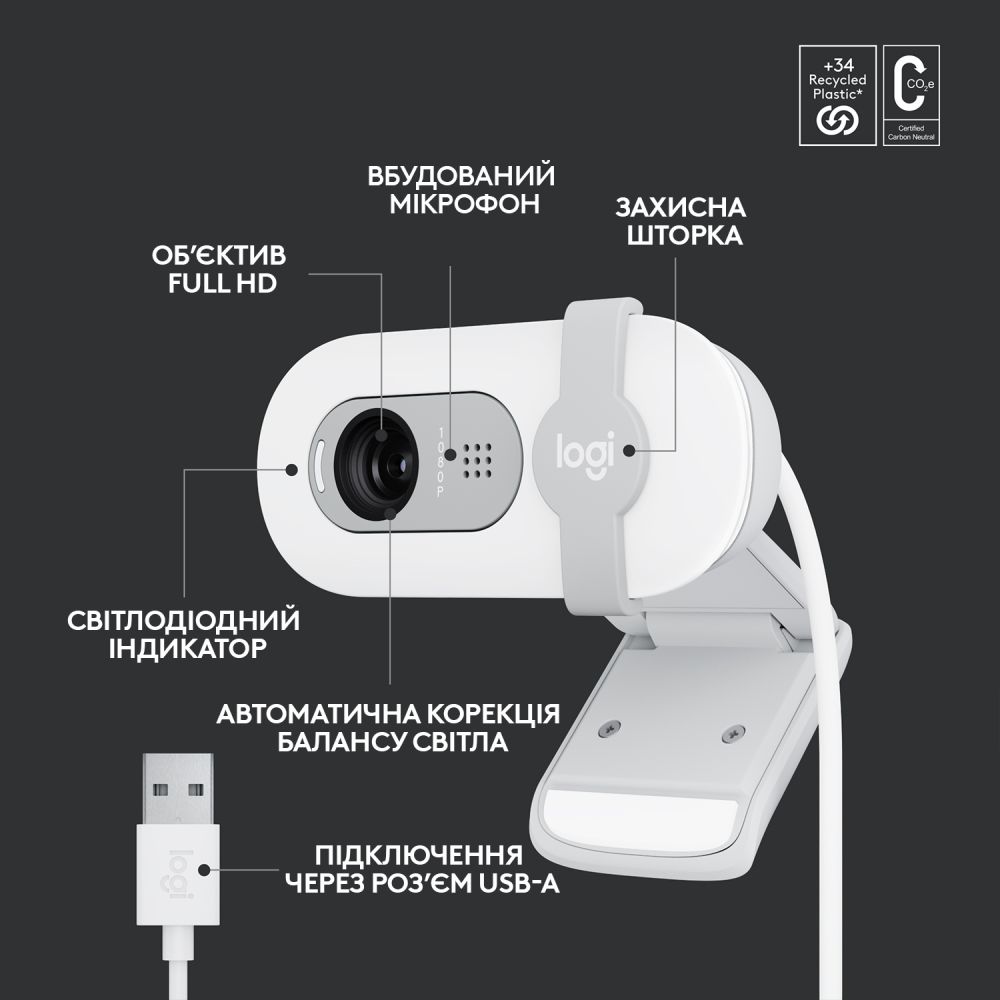 Внешний вид Web-камера LOGITECH Brio 100 FHD White (L960-001617)